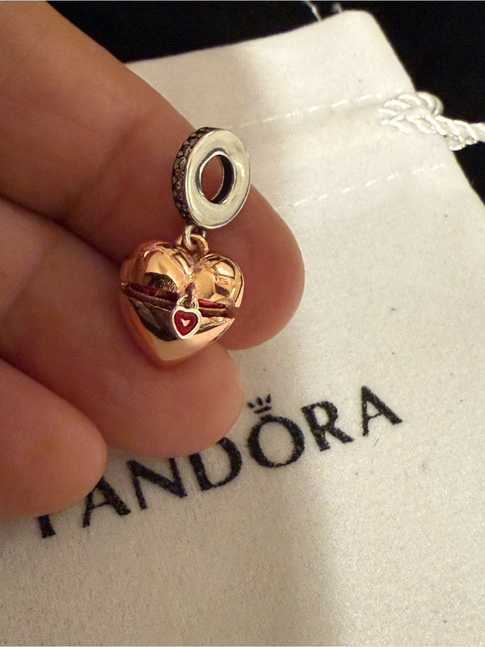 Pandora Rose Gold Heart Dangle Charm with Red Accent - Picture 7 of 7